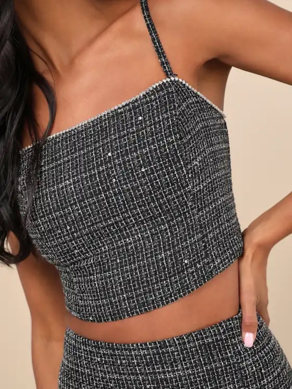 LULUS NWT Cute Black Tweed Rhinestone Crop Top
